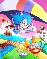 Size: 640x800 | Tagged: safe, artist:jonnisalazar, buzz bomber, miles "tails" prower, robotnik, sonic the hedgehog, 2021, abstract background, box art, bridge, classic robotnik, classic sonic, classic tails, clenched fists, clouds, dawn, eggmobile, flower, genderless, gohla, group, hang glider, looking at them, looking at viewer, male, ocean, palm tree, redraw, robot, running, smile, solo focus, sonic the hedgehog 2 (8bit), thumbs up, tree