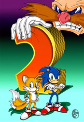 Size: 600x863 | Tagged: safe, artist:xamoel, miles "tails" prower, robotnik, sonic the hedgehog, fox, hedgehog, human, sonic the hedgehog 2, 2007, abstract background, arms folded, box art, duo focus, hands on hips, looking at viewer, male, males only, modern style, redraw, smile, standing, trio, uekawa style