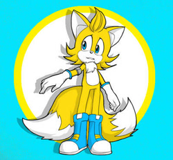 Size: 400x370 | Tagged: safe, artist:yelowfox, skye prower, fox, 2014, abstract background, arm up, boots, chest fluff, clenched teeth, gloves, looking offscreen, male, smile, solo, standing, two tails