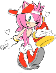 Size: 1280x1652 | Tagged: source needed, safe, artist:drawloverlala, amy rose, backwards cap, blushing, cap, gender swap, hearts, holding something, looking at viewer, male, piko piko hammer, sketch, smile, solo, walking, wink