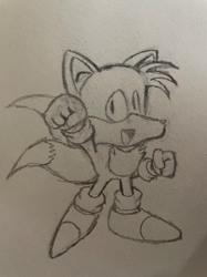 Size: 764x1019 | Tagged: safe, artist:bastian95, miles "tails" prower, 2022, classic tails, clenched fist, fist, looking at viewer, mouth open, sketch, solo, standing on one leg, traditional media
