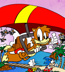 Size: 900x1000 | Tagged: safe, artist:spongefox, buzz bomber, miles "tails" prower, robotnik, sonic the hedgehog, adventures of sonic the hedgehog, 2020, box art, bridge, classic robotnik, classic sonic, classic style, classic tails, clouds, dust clouds, eggmobile, flat colors, flower, flying, hang glider, looking at them, looking at viewer, ocean, palm tree, redraw, robot, role swap, running, smile, solo focus, sonic the hedgehog 2 (8bit), thumbs up, trio, youtube link in description
