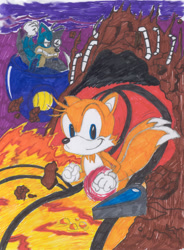 Size: 800x1086 | Tagged: safe, artist:spongefox, miles "tails" prower, oc, oc:dr.foxborg, fox, sonic spinball, 2006, abstract background, angry, classic tails, clenched fists, clenched teeth, cyborg, duo, eggmobile, lava, looking at viewer, male, males only, pinball flipper, railing, role swap, running, smile, solo focus, traditional media, volcano