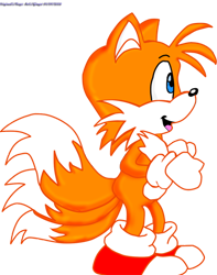 Size: 446x565 | Tagged: safe, artist:spongefox, miles "tails" prower, 2006, classic tails, clenched fists, looking offscreen, mouth open, side view, simple background, smile, solo, standing, three tails, transparent background