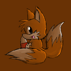 Size: 1024x1024 | Tagged: safe, artist:starampharos, miles "tails" prower, 2011, brown background, cute, looking back at viewer, mouth open, simple background, sitting, smile, solo, tailabetes