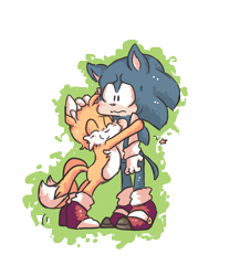 Size: 1000x1200 | Tagged: safe, artist:dragnoodlez, miles "tails" prower, sonic the hedgehog, 2013, blushing, cute, duo, eyes closed, frown, gay, hand on another's head, hugging, male, males only, shipping, simple background, smile, sonic x tails, standing, star (symbol), sweatdrop, transparent background
