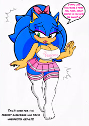 Size: 1454x2048 | Tagged: safe, artist:moneyhustard96, sonic the hedgehog, busty sonic, dialogue, earrings, eyeshadow, gender swap, hair ribbon, huge breasts, post transformation, skirt, solo, thigh high socks