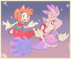 Size: 2700x2250 | Tagged: safe, artist:meat__squid, amy rose, blaze the cat, duo, duo female, mermaid
