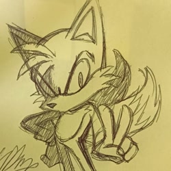 Size: 720x720 | Tagged: safe, artist:spikesenei, miles "tails" prower, 2022, hand on hip, looking at viewer, no mouth, one eye closed, signature, sketch, solo, standing, traditional media, v sign