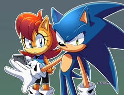 Size: 1340x1024 | Tagged: safe, artist:artsriszi, sally acorn, sonic the hedgehog, duo, protecting, sally's ringblader outfit, shipping, sonally
