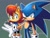 Size: 1340x1024 | Tagged: safe, artist:artsriszi, sally acorn, sonic the hedgehog, duo, protecting, sally's ringblader outfit, shipping, sonally