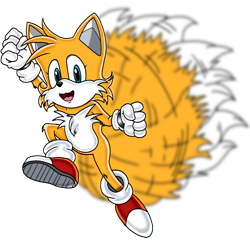 Size: 3072x3072 | Tagged: safe, artist:taeko, miles "tails" prower, fox, 2022, arm up, chest fluff, clenched fists, eyelashes, flying, gloves, leg fluff, looking at viewer, male, mobius.social exclusive, modern tails, mouth open, no source, redraw, simple background, solo, sonic the hedgehog's buddy tails (issue 1), spinning tails, transparent background, uekawa style