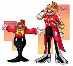 Size: 2425x2200 | Tagged: safe, artist:k3llywolfarts, robotnik, human, 2020, abstract background, arms out, character name, classic robotnik, duo, english text, gender swap, mouth open, smile, standing