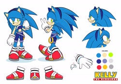 Size: 5974x4188 | Tagged: safe, artist:k3llywolfarts, sonic the hedgehog, oc, oc:kelly the hedgehog, 2020, back view, character name, clenched fist, clenched teeth, english text, eyes closed, female, front view, gender swap, gloves, looking at viewer, looking back at viewer, looking offscreen, reference sheet, ring, shoes, simple background, smile, solo, standing, white background