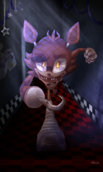 Size: 1500x2500 | Tagged: safe, artist:midowko, fox, 2015, abstract background, animatronic, barely sonic related, clenched fist, foxy (fnaf), glowing eyes, hook, looking at viewer, mobianified, orange eyes, robot, running, running towards viewer, solo