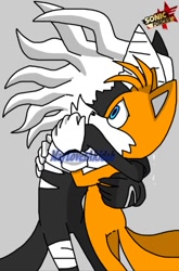 Size: 411x624 | Tagged: source needed, safe, artist:maylovesakidah, infinite the jackal, miles "tails" prower, sonic forces, crying, duo, english text, gay, holding each other, hugging, logo, male, males only, sad, shipping, standing, tailfinite, tears