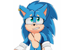 Size: 1159x788 | Tagged: safe, artist:edmopysun, sonic the hedgehog, sonic the hedgehog (2020), 2022, arm fluff, bag, biting lip, cheek fluff, chest fluff, ear fluff, earring, eyelashes, female, fingerless gloves, gender swap, looking up, movie style, simple background, solo, standing, white background