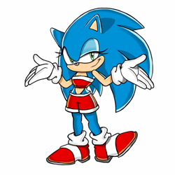 Size: 800x800 | Tagged: safe, artist:edmopysun, sonic the hedgehog, sonic adventure, 2019, crop top, eyelashes, female, gender swap, looking at viewer, modern sonic, redraw, shorts, shrugging, simple background, smile, solo, standing, uekawa style, white background