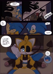 Size: 4320x6060 | Tagged: safe, artist:pepamintopatty, miles "tails" prower, sonic the hedgehog, comic:summoning incubus, abstract background, blushing, comic, crying, demon, dialogue, duo, english text, eyes closed, fingerless gloves, incubus, indoors, lidded eyes, male, males only, one eye closed, sitting on them, tears
