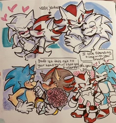 Size: 1938x2048 | Tagged: safe, artist:aconfusedaj, shadow the hedgehog, sonic the hedgehog, 2022, arm fluff, blushing, chest fluff, dialogue, duo, english text, eyes closed, flower bouquet, gay, heart, holding something, hugging, kiss on cheek, looking at each other, looking away, male, males only, one fang, shadow x sonic, shipping, smile, speech bubble, standing, tsundere