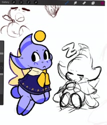 Size: 1372x1609 | Tagged: safe, artist:aconfusedaj, oc, oc:maria the chao, chao, 2022, :<, eyes closed, flying, fruit, genderless, looking offscreen, mouth open, neutral chao, poncho, simple background, sitting, sketch, sleeping, solo, white background