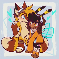 Size: 2048x2038 | Tagged: safe, artist:aconfusedaj, charmy bee, miles "tails" prower, abstract background, arm fluff, back fluff, blushing, chaails, chest fluff, colored arms, colored ears, colored legs, colored tail, crotch fluff, duo, ear fluff, gay, goggles on head, heart, looking at each other, male, males only, oversized, redesign, sandals, shipping, smile, standing