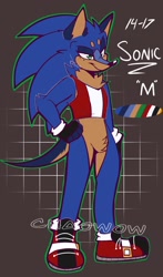 Size: 1206x2048 | Tagged: safe, artist:aconfusedaj, sonic the hedgehog, 2021, arm fluff, binder, character name, chest fluff, colored ears, crotch fluff, english text, fingerless gloves, freckles, hand on hip, lidded eyes, male, neck fluff, outline, redesign, shoes, smile, socks, solo, standing