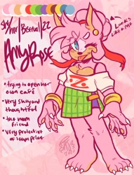 Size: 1217x1593 | Tagged: safe, artist:aconfusedaj, amy rose, 2021, abstract background, blushing, character name, chest fluff, claws, ear fluff, ear piercing, english text, eye clipping through hair, eyebrows clipping through hair, female, gloves off, leg fluff, looking at viewer, pawpads, redesign, reference sheet, ribbons, signature, solo, standing, tongue out, wink