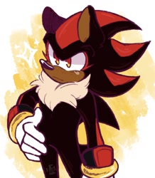 Size: 1208x1388 | Tagged: safe, artist:aconfusedaj, shadow the hedgehog, 2020, abstract background, blushing, chest fluff, ear fluff, eyelashes, freckles, frown, hand on hip, looking offscreen, male, solo, sparkles, standing