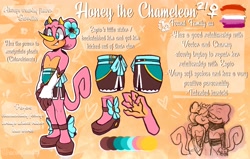 Size: 2048x1299 | Tagged: safe, artist:aconfusedaj, espio the chameleon, oc, oc:honey the chameleon, 2020, chameleon, character sheet, duo, english text, female, flower, lesbian, looking offscreen, male, smile, solo focus, standing