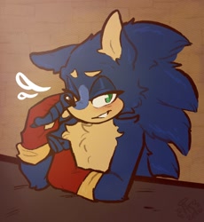 Size: 1088x1182 | Tagged: safe, artist:aconfusedaj, sonic the hedgehog, 2020, abstract background, arm fluff, blushing, chest fluff, clenched teeth, ear fluff, fingerless gloves, flirting, fluffy, lidded eyes, looking at viewer, male, redesign, shoulder fluff, sitting, solo, table, wink