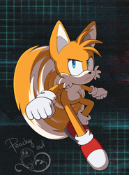 Size: 1065x1443 | Tagged: safe, artist:caelpio, miles "tails" prower, sonic frontiers, 2022, abstract background, arms out, clenched fists, flying, frown, looking at viewer, modern tails, signature, solo, spinning tails