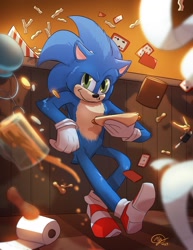 Size: 1266x1638 | Tagged: safe, artist:meganhuang5, sonic the hedgehog, chili dog, french fries, solo, the piston pit, toilet paper
