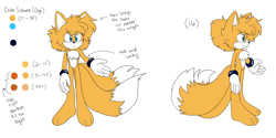 Size: 5000x2500 | Tagged: safe, artist:candicindy, skye prower, fox, 2022, barefoot, chest fluff, english text, front view, frown, looking at viewer, looking offscreen, male, reference sheet, side view, simple background, solo, standing, teenager, two tails, white background