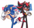 Size: 1280x1053 | Tagged: safe, artist:comfiesilv, shadow the hedgehog, sonic the hedgehog, 2020, abstract background, blushing, chest fluff, clenched teeth, duo, eyelashes, flirting, frown, gay, horn sign, lidded eyes, looking at them, looking back at them, male, males only, pointing, ring, running, shadow x sonic, shipping, signature, smile, standing, wink