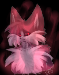 Size: 1788x2296 | Tagged: safe, artist:funsydarkling, oc, oc:tails.exe, fox, 2020, abstract background, black sclera, clenched teeth, fluffy, frown, large ears, lineless, looking offscreen, no outlines, one fang, red eyes, signature, solo, standing