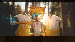 Size: 1900x1080 | Tagged: safe, artist:coffeespace17, miles "tails" prower, sonic frontiers, 2020, abstract background, chest fluff, ear fluff, forest, glowing, glowing eyes, looking ahead, older, redraw, shoulder fluff, solo, standing, tree