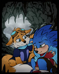 Size: 900x1125 | Tagged: safe, artist:flora-tea, miles "tails" prower, sonic the hedgehog, fox, hedgehog, 2019, arm fluff, cave, cold, duo, female, floppy ears, frown, gender swap, goggles on head, inktober, leg fluff, lidded eyes, looking at them, male, redesign, scarf, shirt, shivering, sitting