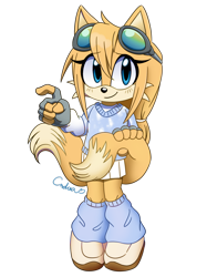 Size: 1024x1366 | Tagged: safe, artist:reinadecorazonez, oc, oc:skye prower, fox, 2023, alternate version, female, fingerless gloves, goggles on head, holding tail, leg warmers, looking at viewer, oc only, parent:tails, parent:zooey, parents:tailsey, signature, simple background, smile, solo, transparent background, two tails