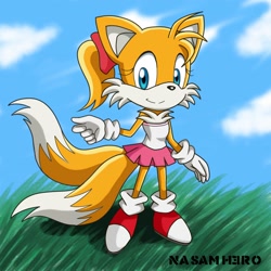 Size: 1500x1500 | Tagged: safe, artist:nasamhero, miles "tails" prower, 2021, abstract background, chest fluff, eyelashes, female, grass, looking offscreen, ponytail, signature, skirt, smile, solo, sonic x style, trans female, transgender
