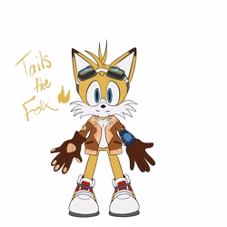 Size: 3200x3200 | Tagged: safe, artist:shadehedgermen, miles "tails" prower, 2022, arms out, aviator jacket, brown gloves, character name, chest fluff, colored ears, english text, front view, goggles on head, looking at viewer, redesign, shoes, simple background, smile, solo, standing, white background