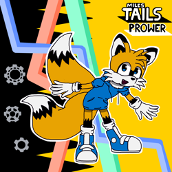 Size: 1024x1024 | Tagged: safe, artist:flameheart87, miles "tails" prower, abstract background, arms out, bending over, blue shoes, character name, chest fluff, cogwheel, colored ears, colored legs, colored tail, ear fluff, english text, hoodie, looking up, modern tails, mouth open, one fang, redesign, smile, solo, standing