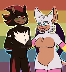 Size: 1024x1122 | Tagged: safe, artist:barnowlboi, rouge the bat, shadow the hedgehog, arms out, blushing, breasts, chest fluff, demisexual pride, deviantart watermark, duo, ear fluff, facepaint, female, flat colors, frown, hands behind back, looking at them, looking away, nonbinary, nonbinary pride, pansexual pride, polysexual pride, pride, pride flag, pride flag background, raised eyebrow, smile, standing, tongue out, watermark