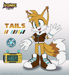 Size: 1280x1399 | Tagged: safe, artist:murasoda, artist:spacecolonie, miles "tails" prower, comic:sonic rift, 2021, aviator jacket, blushing, brown shoes, character name, colored ears, colored tail, ear fluff, english text, furry collar, gradient background, logo, looking offscreen, miles electric, mouth open, red star ring, redesign, smile, solo, standing