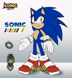 Size: 1280x1398 | Tagged: safe, artist:murasoda, artist:spacecolonie, sonic the hedgehog, comic:sonic rift, 2021, bracelet, character name, english text, gradient background, logo, looking offscreen, redesign, smile, solo, standing