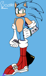 Size: 1234x2048 | Tagged: safe, artist:opticalillusionsnat, sonic the hedgehog, comic:sonic rift, 2022, blue background, boots, character name, clenched fists, clenched teeth, english text, hand on hip, japanese text, looking offscreen, redesign, signature, simple background, solo, walking
