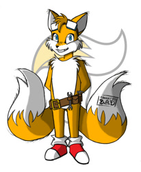 Size: 1024x1245 | Tagged: safe, artist:ba-draws, miles "tails" prower, 2017, belt, clenched teeth, ear fluff, goggles on head, hammer, hands behind back, looking at viewer, redesign, simple background, smile, solo, standing, tails logo, white background, wrench