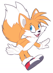 Size: 1236x1702 | Tagged: safe, artist:fizzy-dog, miles "tails" prower, 2022, arms out, chest fluff, ear fluff, fangs, flat colors, fluffy, leg fluff, looking back, simple background, solo, white background