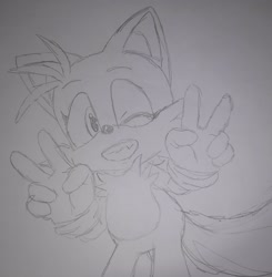 Size: 2943x3000 | Tagged: safe, artist:taeko, miles "tails" prower, 2023, clenched teeth, cute, double v sign, eyelashes, looking at viewer, male, one fang, pencilwork, posing, shadow the hedgehog (video game), sketch, solo, standing, tailabetes, traditional media, wink
