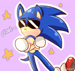 Size: 5669x5385 | Tagged: safe, artist:mizuki247, sonic the hedgehog, 2019, :<, arms folded, blushing, cute, english text, frown, lilac background, outline, signature, simple background, solo, sonabetes, standing, star (symbol), sunglasses